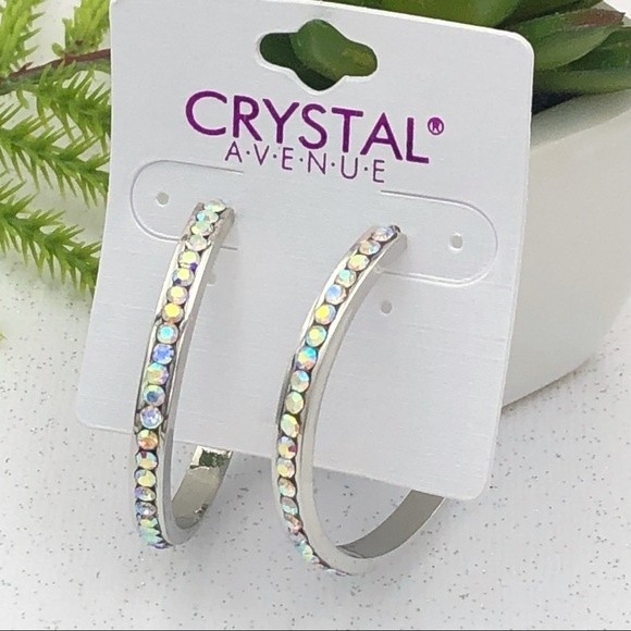 🌼 AB Iridescent Rhinestone Single Line Silver Hoop Earrings - Picture 1 of 3